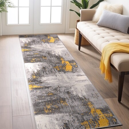 World Rug Gallery Bari Contemporary Abstract Art Runner Rug 2'x7' Yellow 4055YELLOW2X7